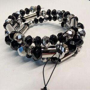New Beaded Wrap Memory Bracelet Black SilverTone 3 Row Rhinestone Crystal Glass